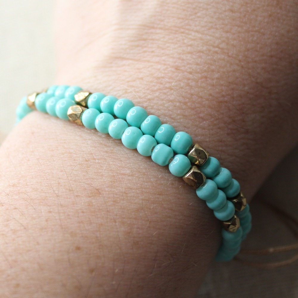 Beaded Bracelet Double Strand Turquoise Gold Adjustable Boho Summer Jewelry OS